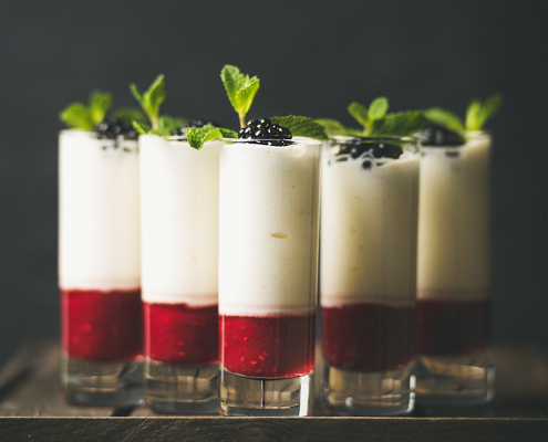 Dessert In Glass With Blackberries And Mint